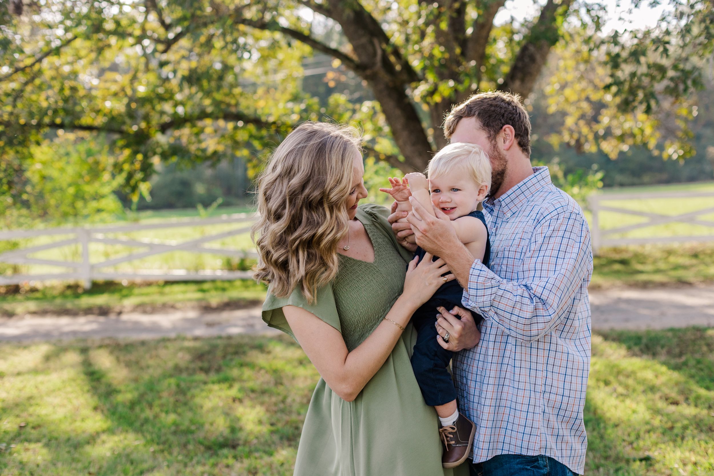 A loving family moment captured under a sprawling tree in warm afternoon light.
