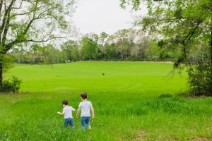 Two children in white shirts walking together in a vast green field.