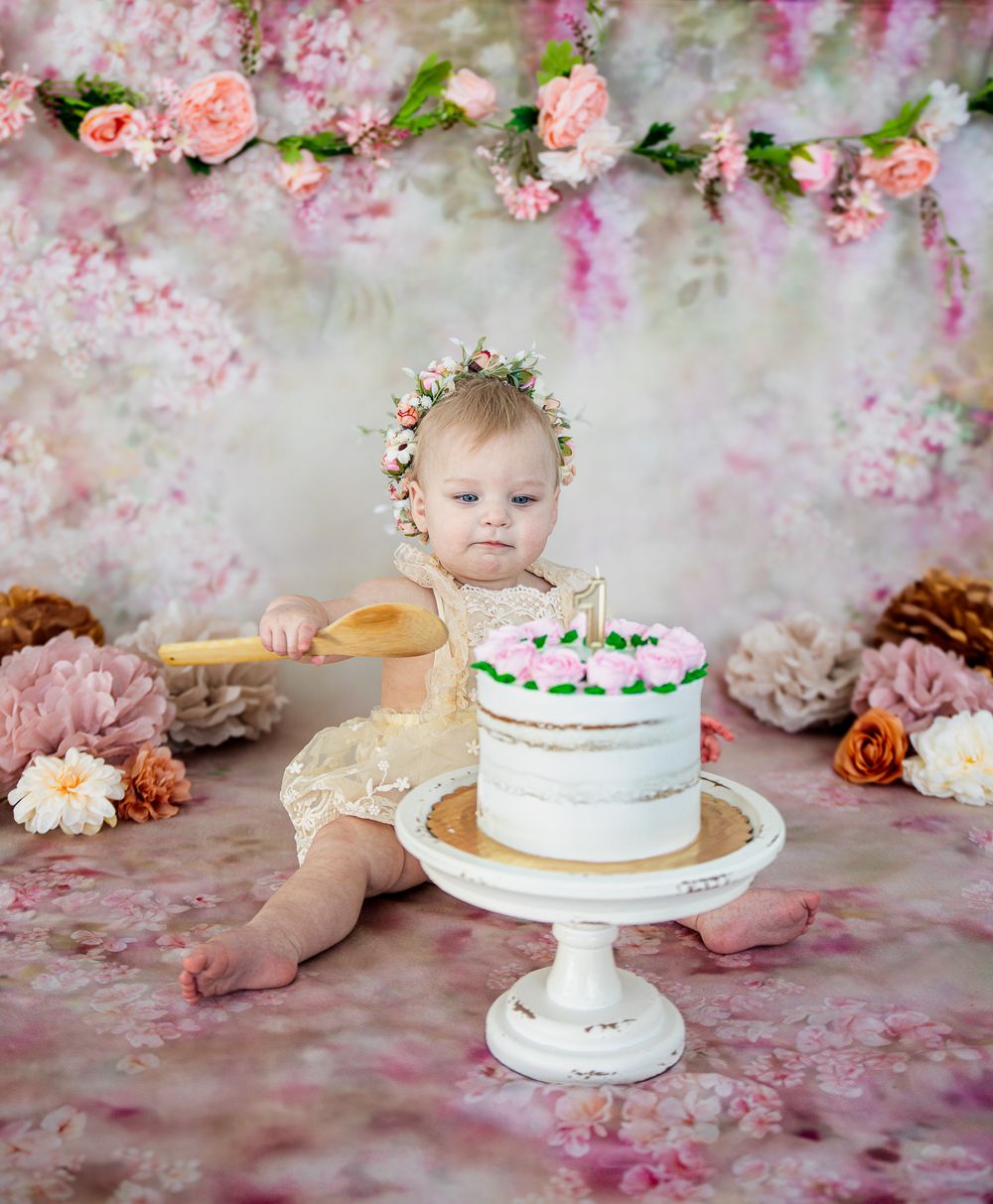 cake smash photo shoot, kids and baby photographer in schaumburg, il, flowers theme cake smash photo shoott