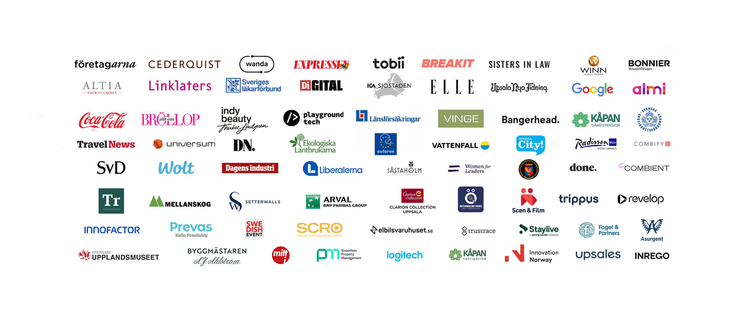 A collection of well-known brand logos including Coca-Cola, Google, Elle, and other major companies arranged in rows.