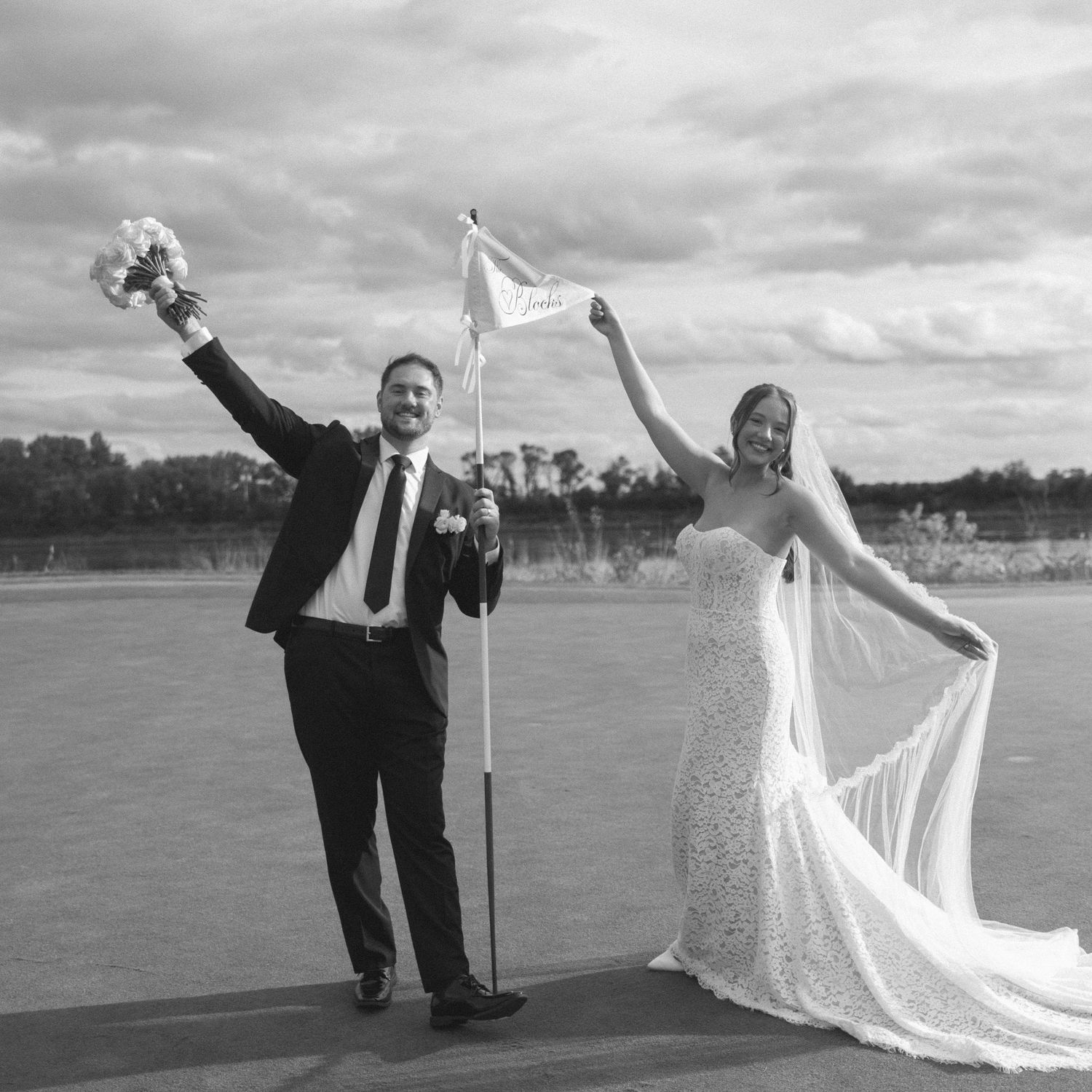 Black and white photo series of newlyweds celebrating with dramatic poses by a waterfront.