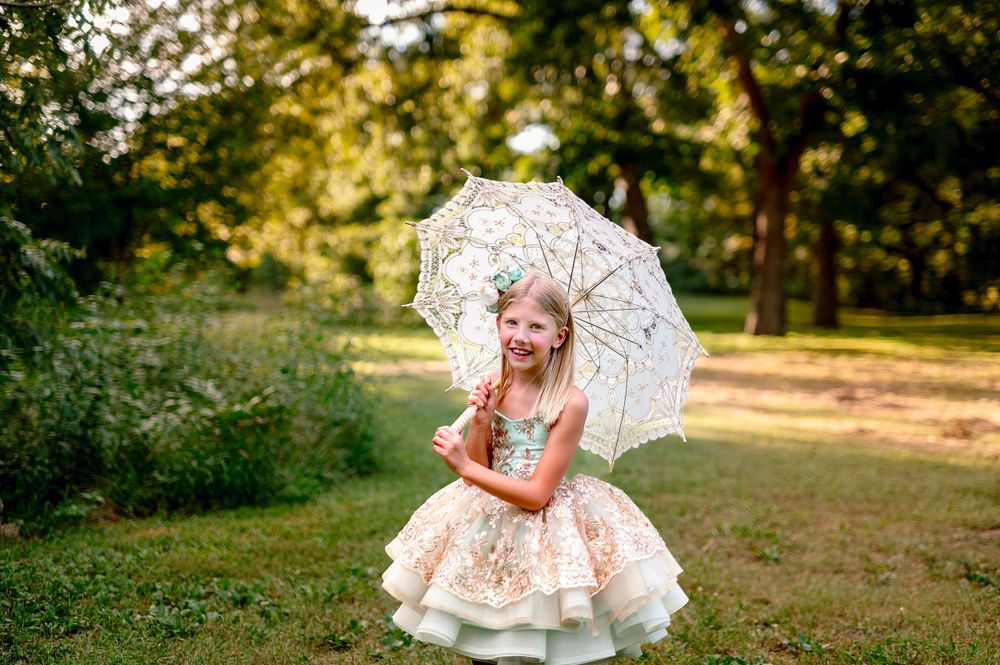 Coal Creek farm dream dress couture gown Jenks Tulsa Oklahoma with lace umbrella and mint green and gold gown