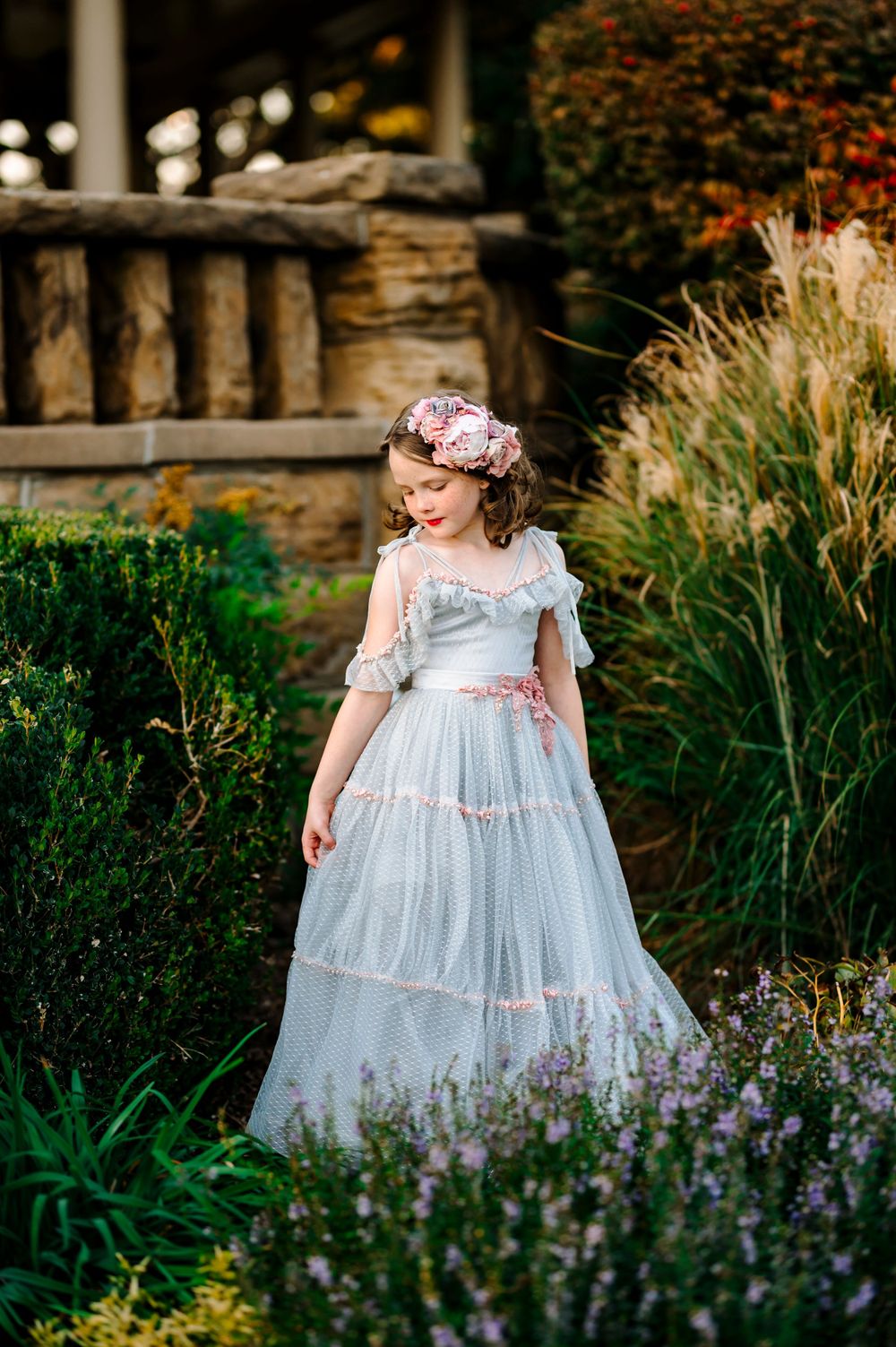 Dream Dress couture birthday session; girl in southern style grey and pink gown with flowers in her hair at gilcrease gardens tulsa oklahoma