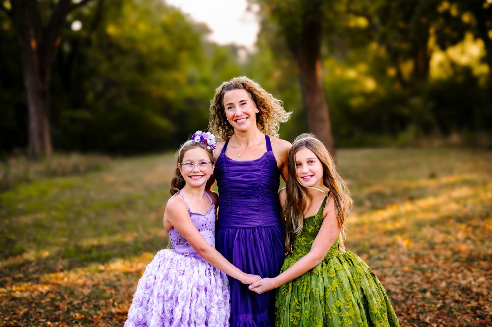 mother daughter dream dress session with purples and olive greens mom couture with purple and sisters with green and purple gowns jenks