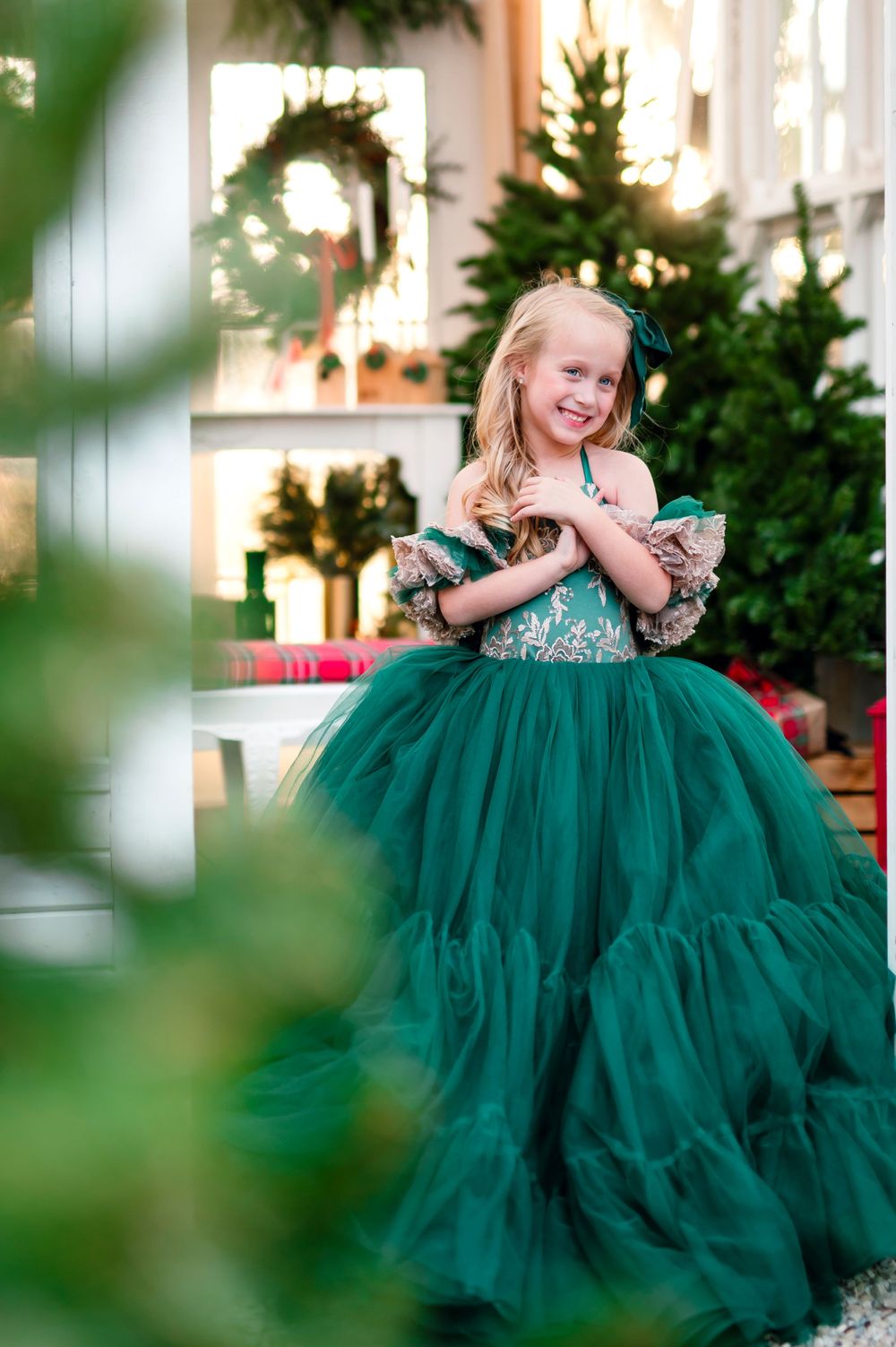 Christmas green dream dress couture session at the greenhouse at the victorian at new orleans square in broken arrow oklahoma