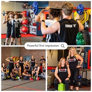 Fitness bootcamp coach guiding athletes through weightlifting and group training exercises in a modern gym facility.