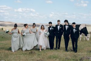 Wedding party poses together on hilltop with bridesmaids in grey and groomsmen in black suits.