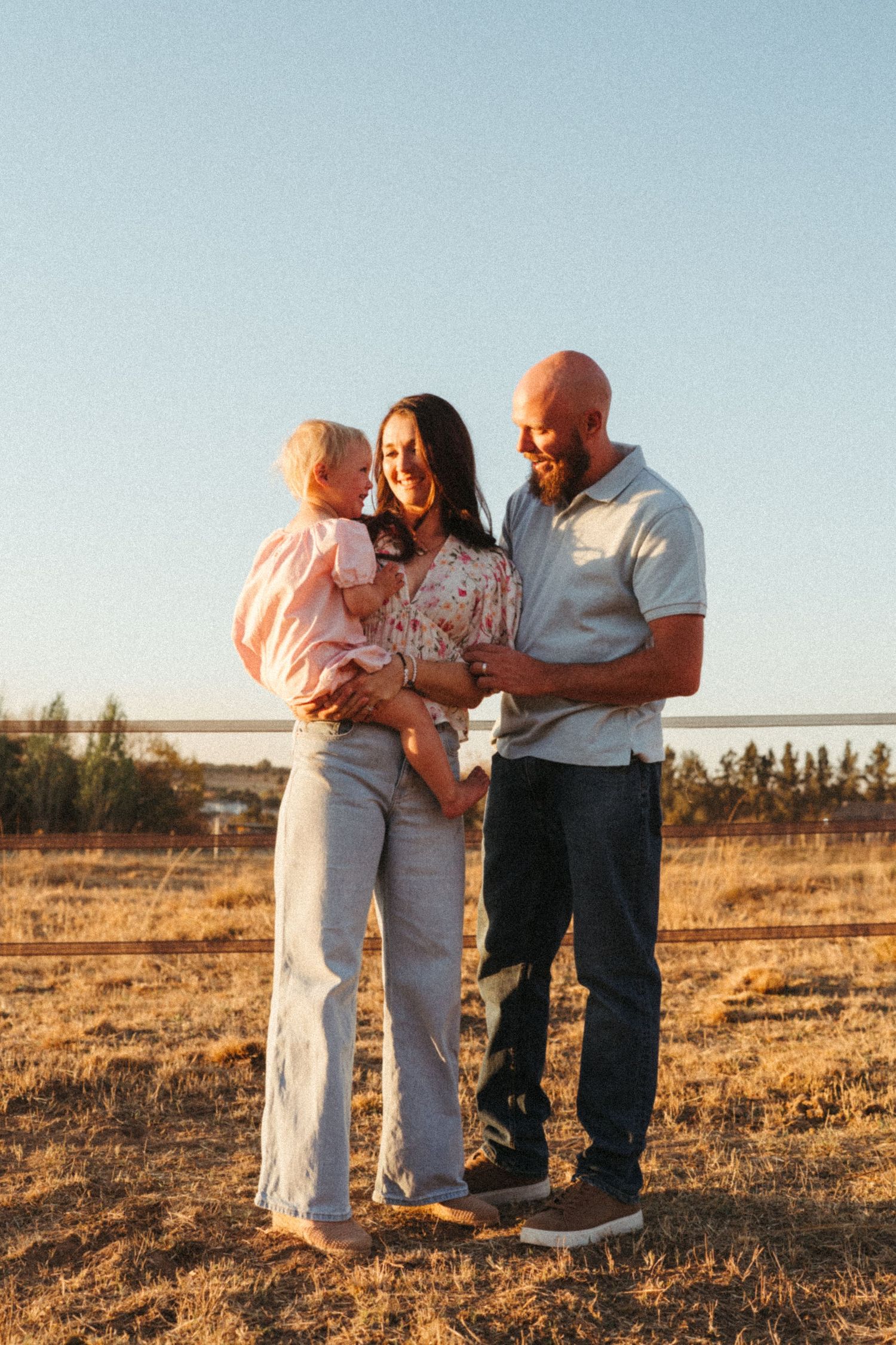 A family shares a tender moment together in a golden field at sunset.