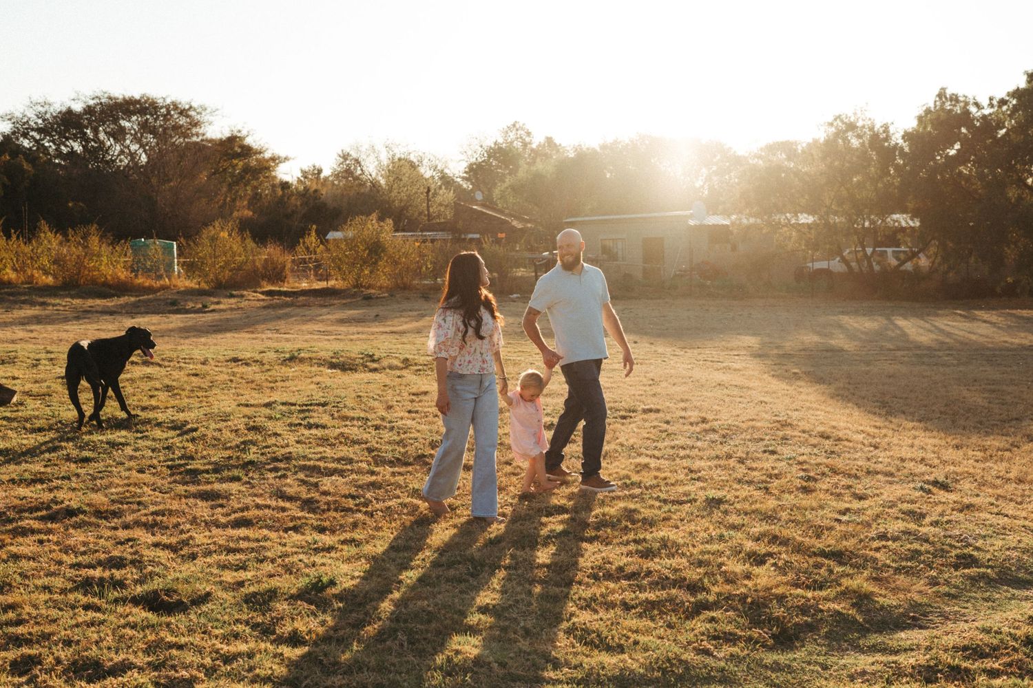 Long shadows stretch across a grassy field at sunset.