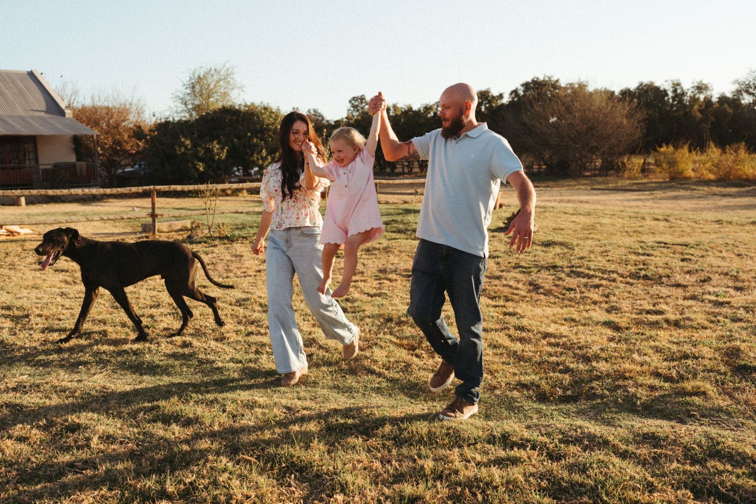 People walk together across a sunlit field with a dog.