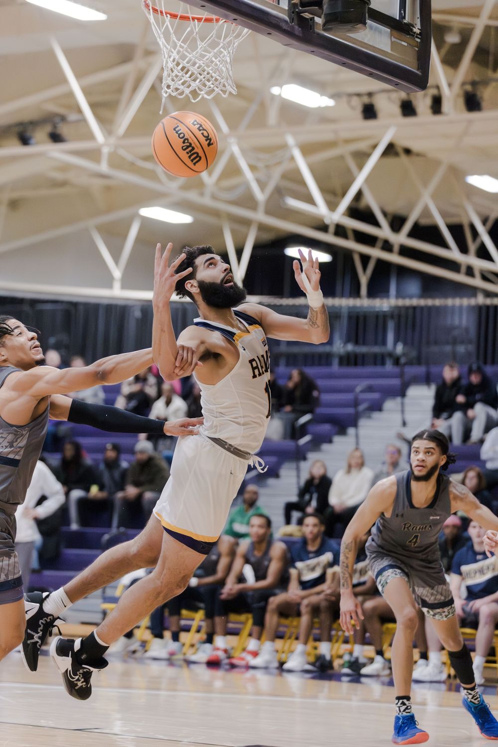 Basketball players leap and dive for a loose ball during an intense game in a gymnasium.