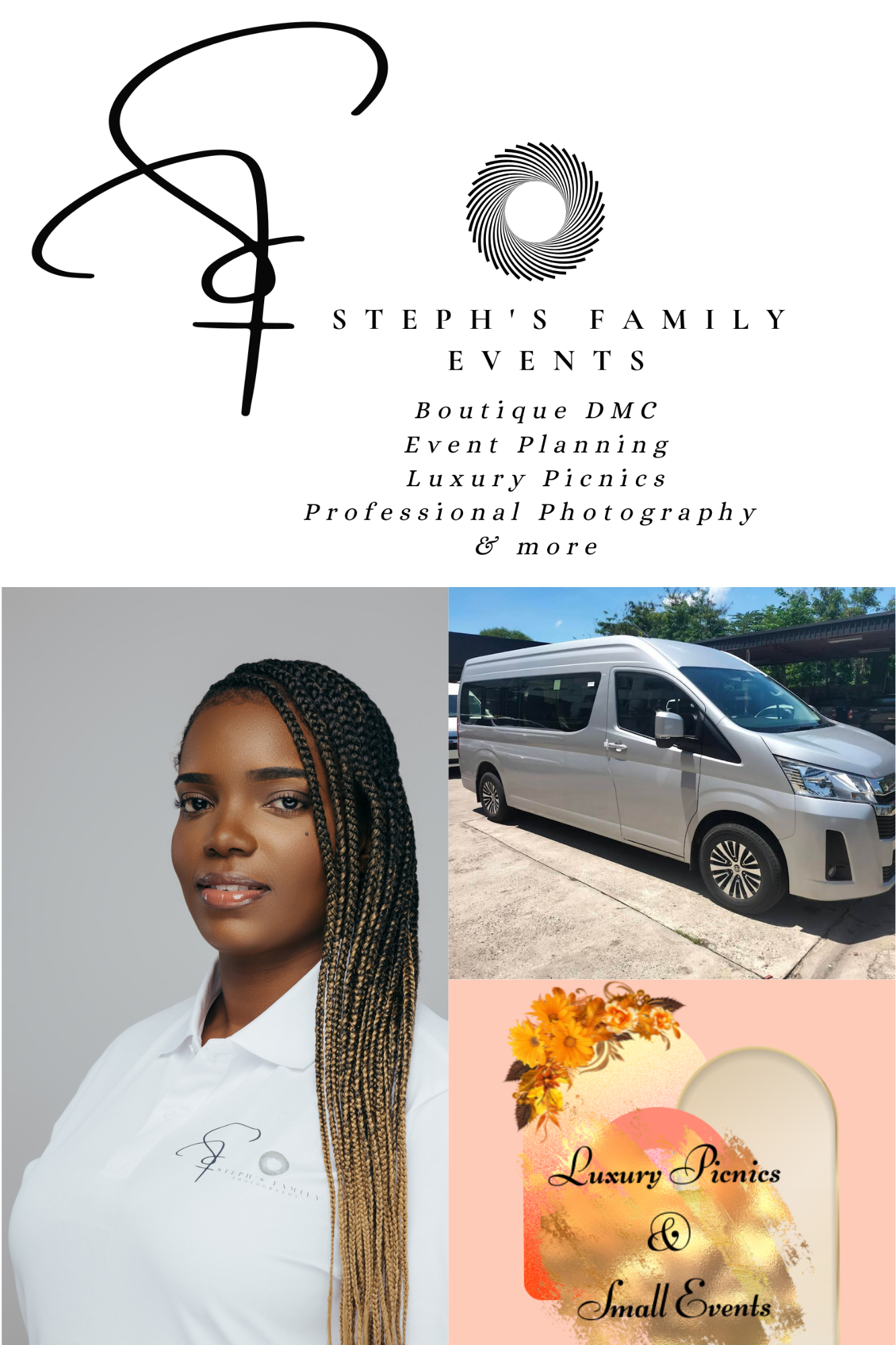 Steph's Family Events boutique DMC flyer featuring logo, a Events, Alvin's Taxi & Tours, and Luxury Picnics branding.