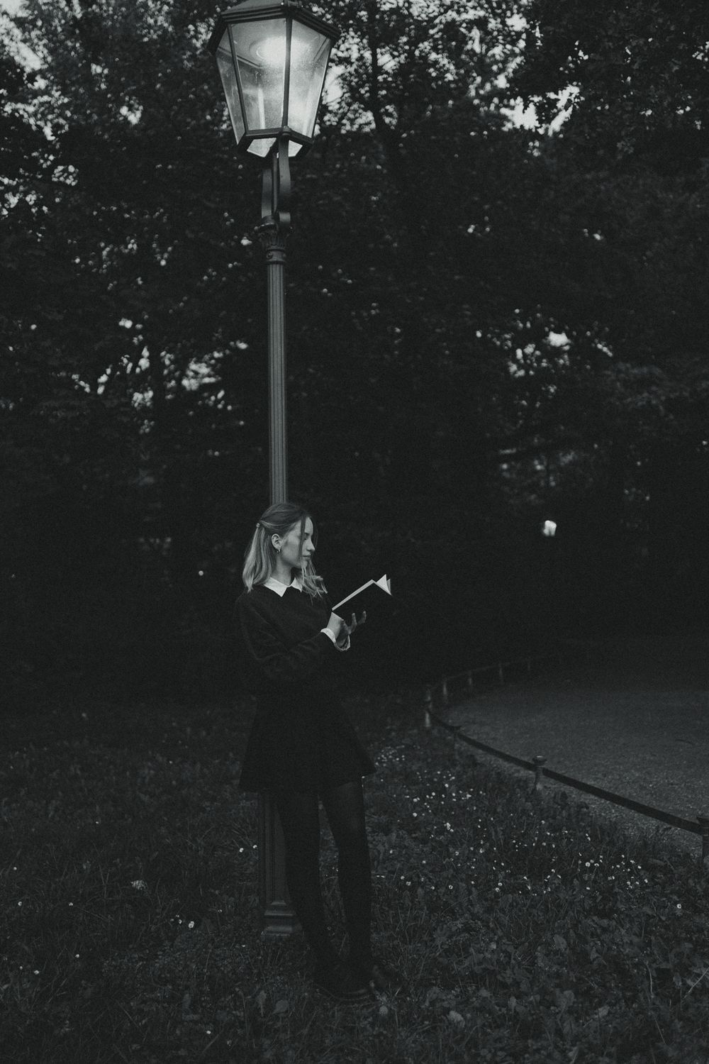 Romantische Portrait Fotografie mit Buch im Abendlicht - Frau liest unter leuchtenden Parklaterne im Großen Garten in Dresden