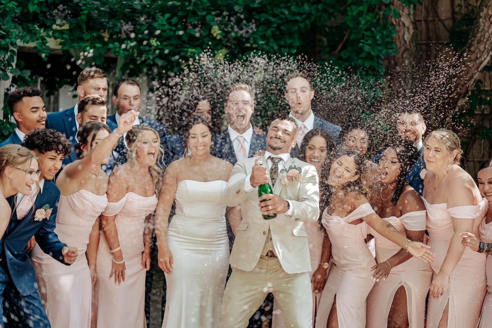 Wedding party celebrates with champagne spray, bride in white gown, bridesmaids in blush pink dresses, groomsmen in navy suits.