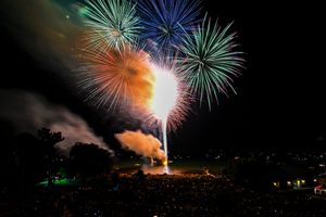 Colorful fireworks exploding in night sky over crowd at outdoor celebration event.
