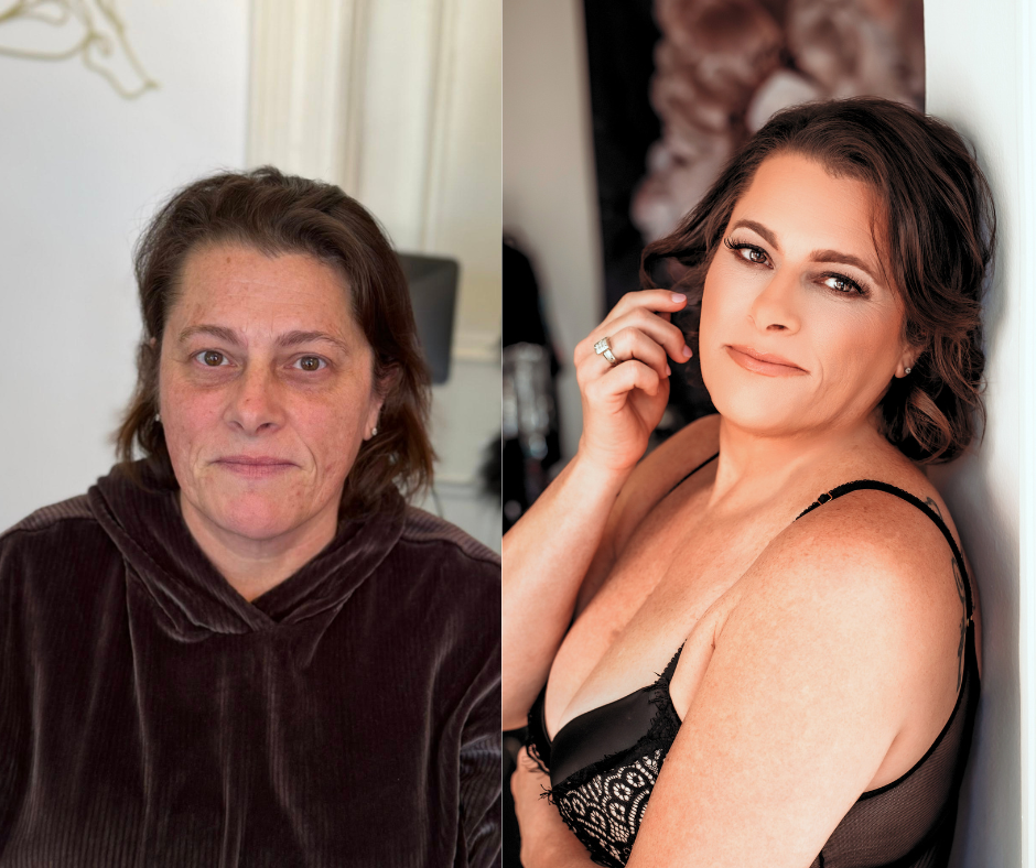 Before and after boudoir makeover showing dramatic transformation with professional hair, makeup, and glamorous black lingerie.