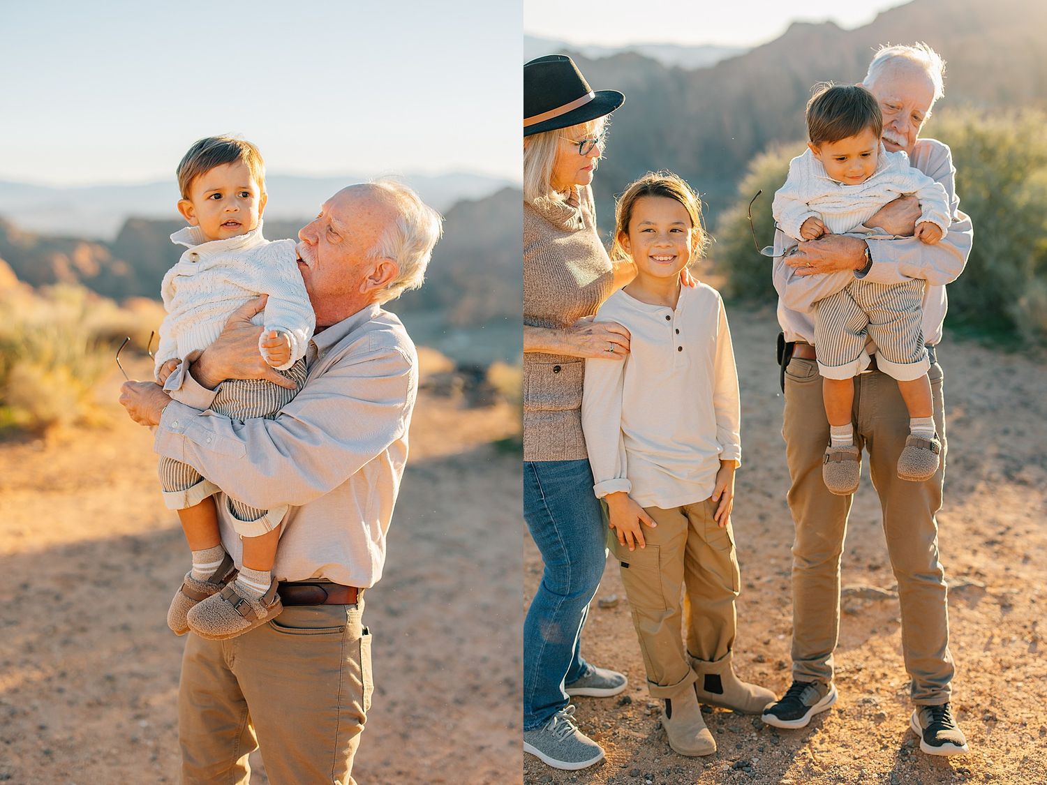 Grandparents and grandchildren share joyful moments outdoors in a desert landscape during a golden hour family photo session.