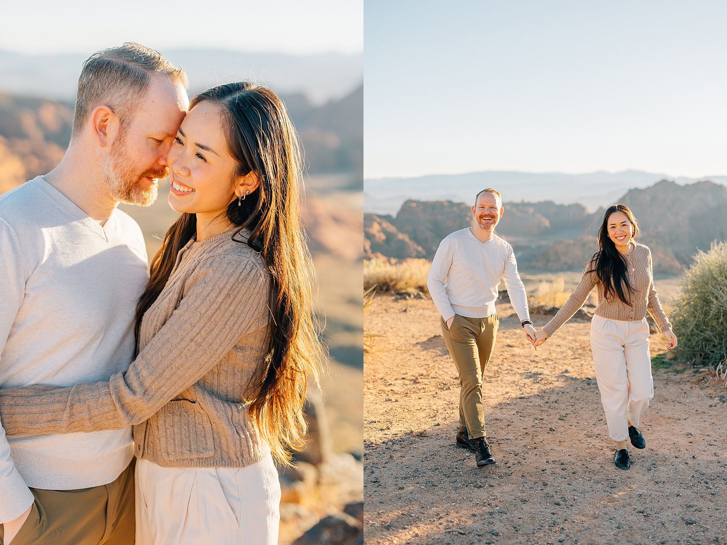 Couple embraces at golden hour in desert mountains, woman smiling as man nuzzles her, both in neutral tones.