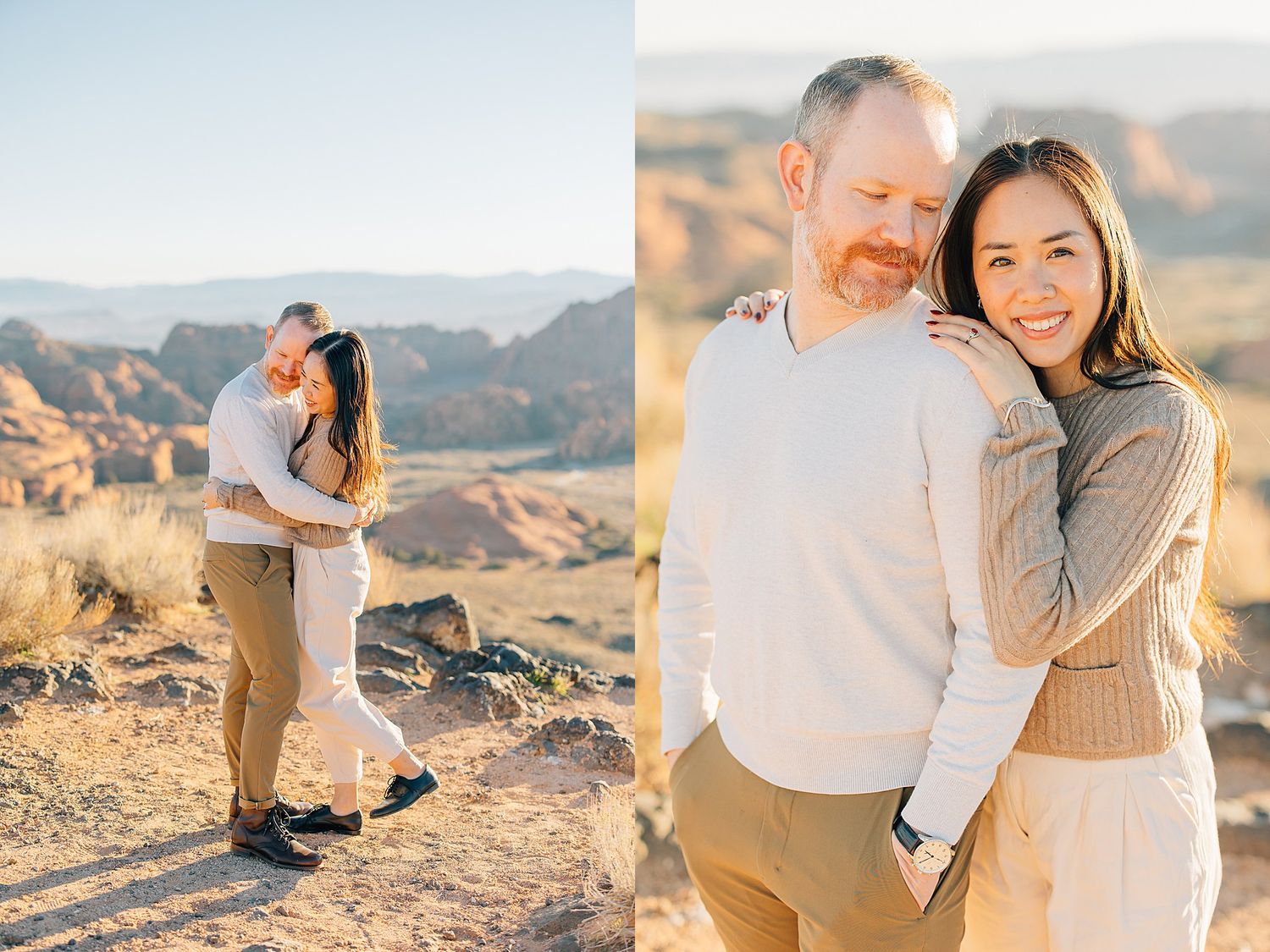 Couple embracing at golden hour in a desert landscape with red rock formations in the background.