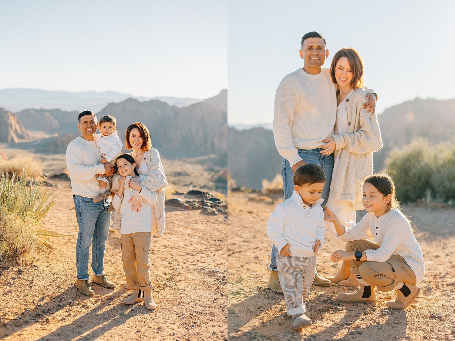 Family of four poses in a desert landscape with rocky cliffs, wearing neutral tones in warm golden light.
