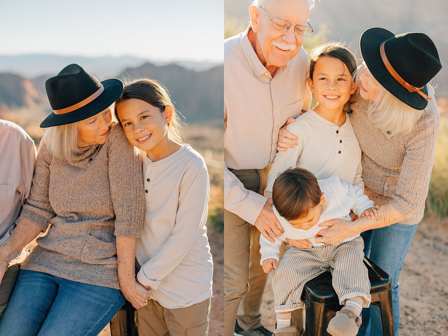 Family portrait with grandmother and grandchildren in black hats outdoors, grandfather joining for a warm multi-generational photo.