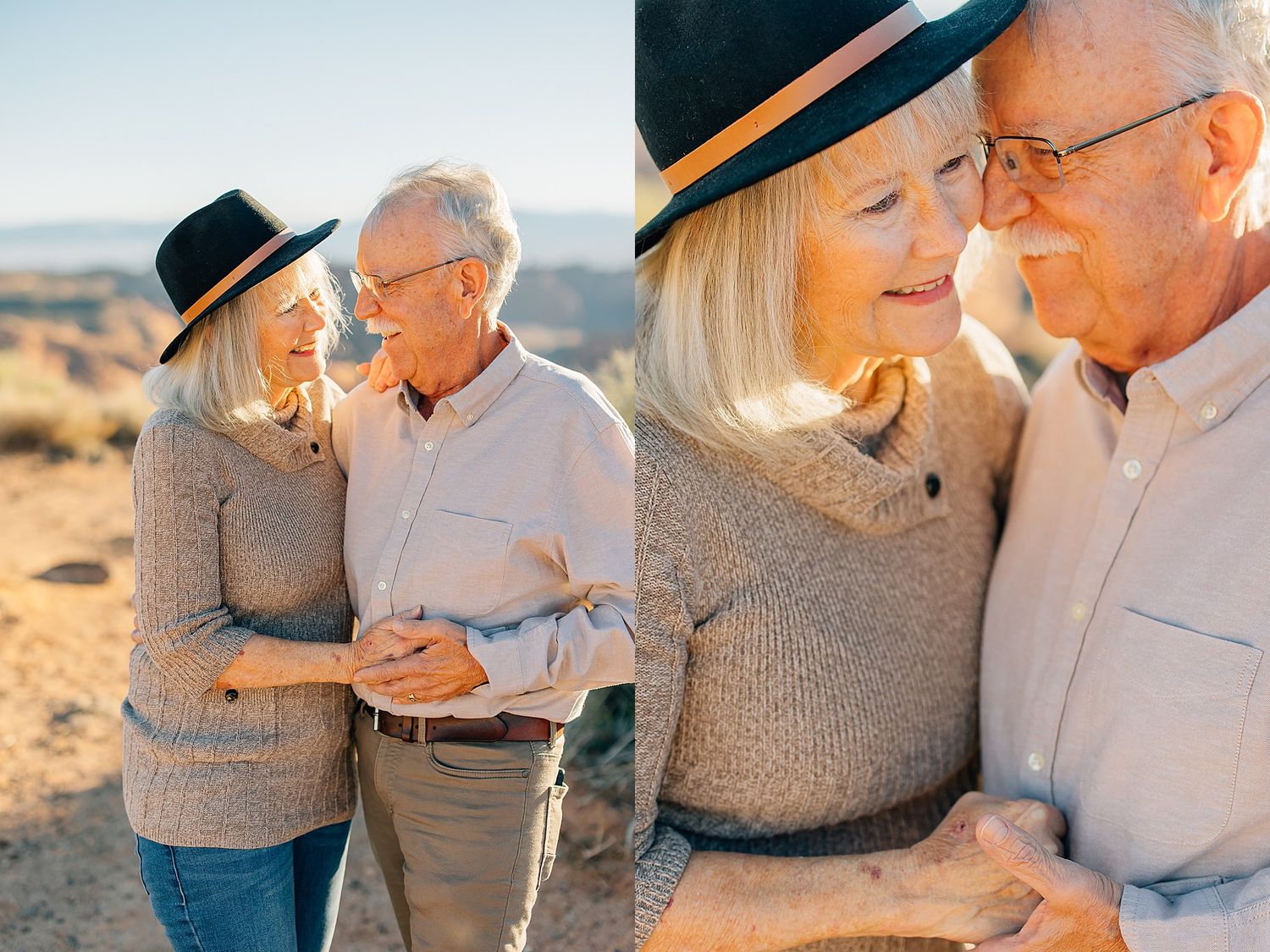 Happy senior couple embracing and smiling at each other outdoors in a sunny desert landscape setting.