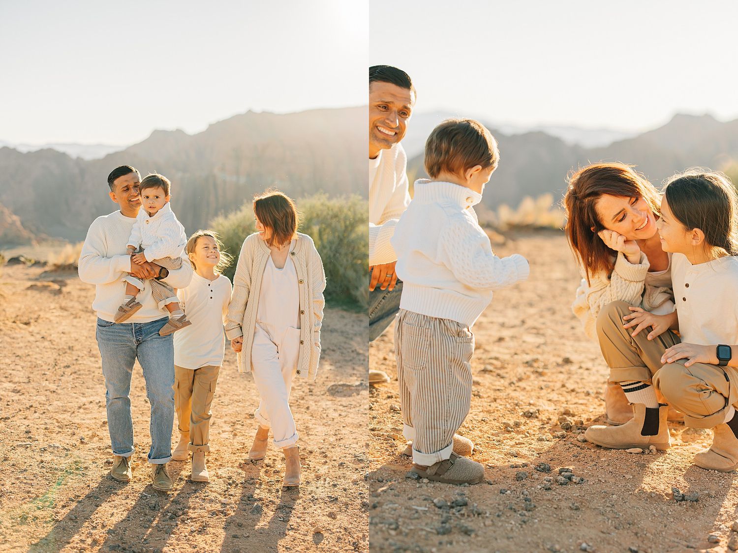 Family of four enjoying a golden hour desert photoshoot with mountains in the background.