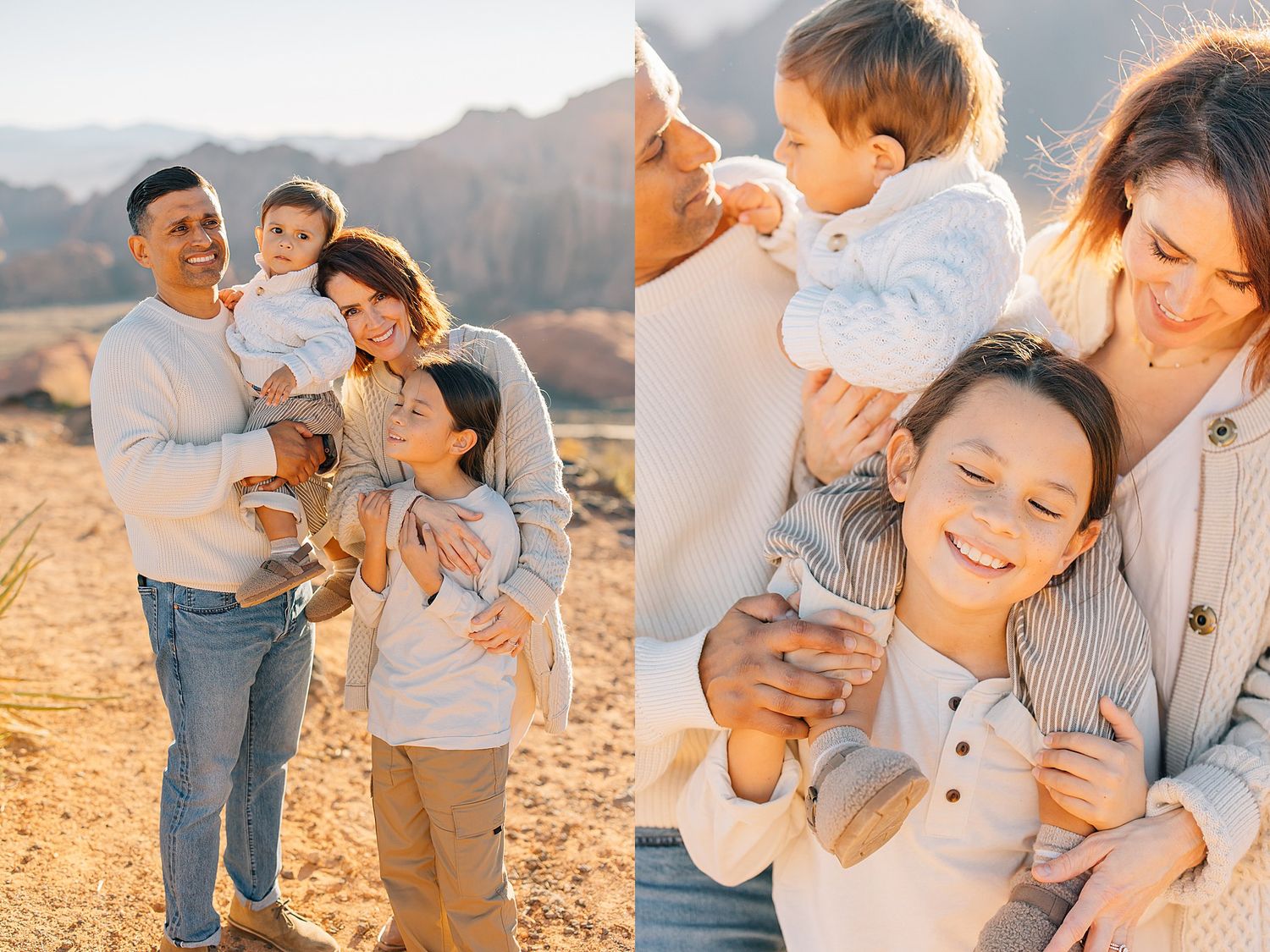 Joyful family laughs together outdoors in warm sunlight, parents holding two young children in coordinated outfits.