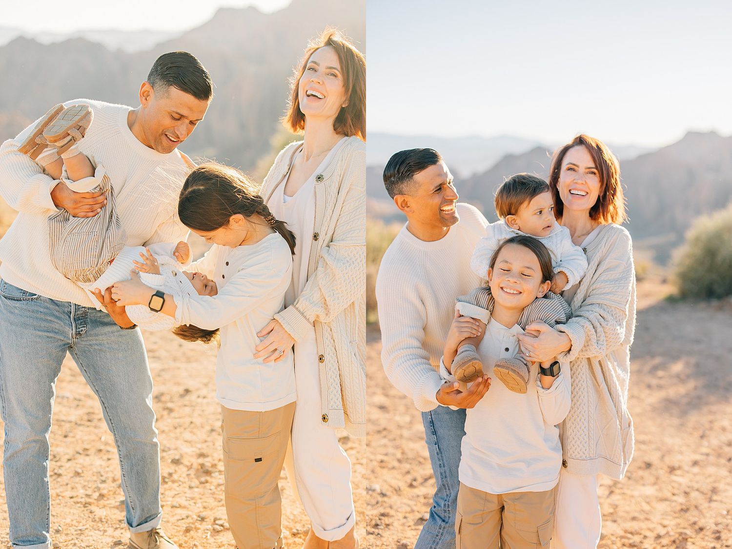 A joyful family poses outdoors in a desert landscape, wearing neutral tones, with parents holding young children in warm sunlight.