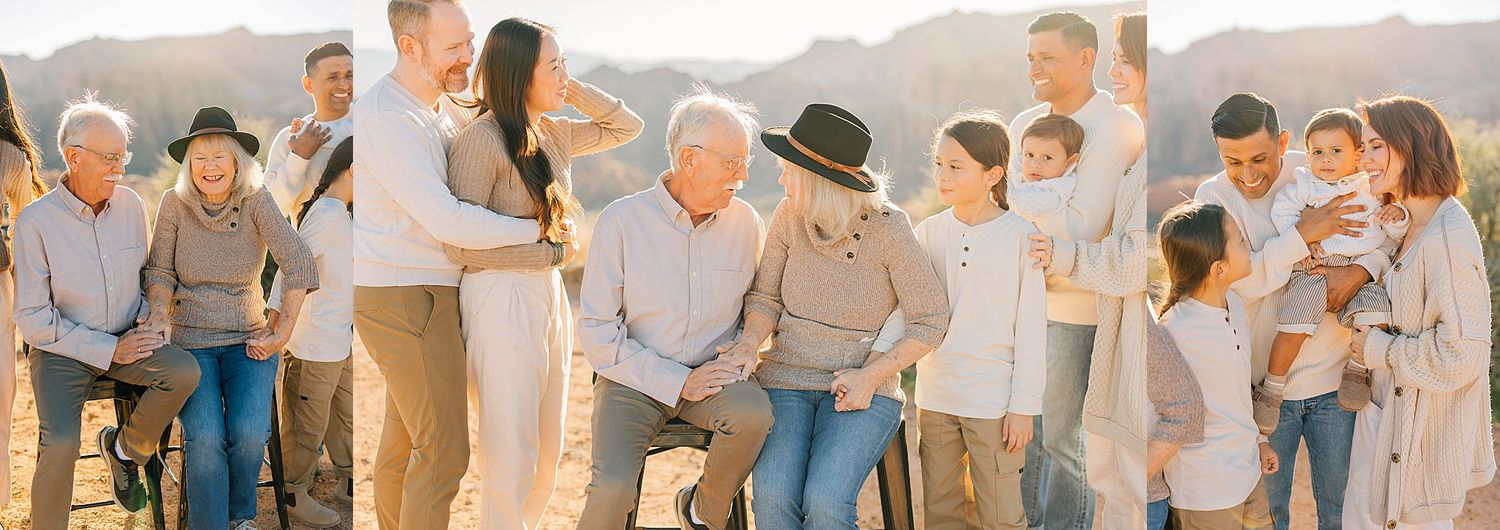 Large multigenerational family gathering outdoors in desert setting, wearing coordinated neutral tones for a professional photo session.