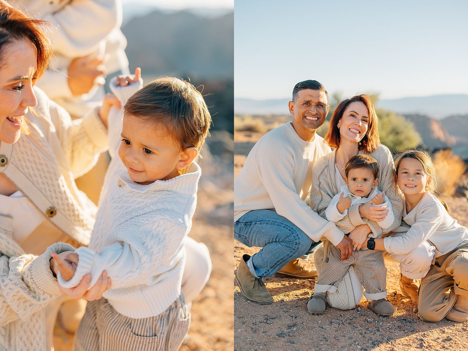 Family of four poses in golden desert light, parents smiling with toddler and young child in neutral tones.