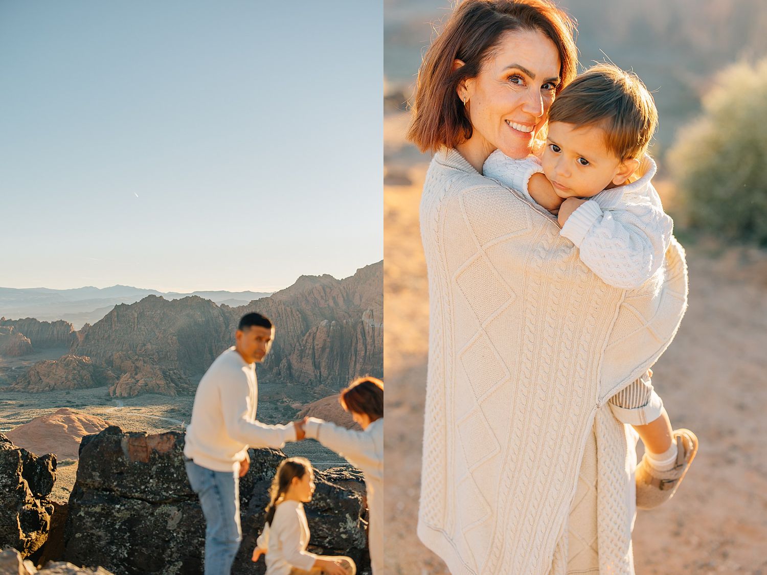 Family portrait session in desert mountains, mother holding toddler in warm golden light.