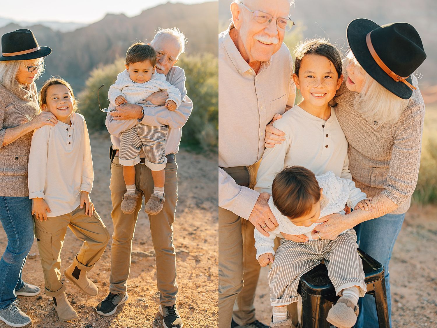 Grandparents smiling with three grandchildren during a golden hour outdoor family portrait session in a desert landscape.
