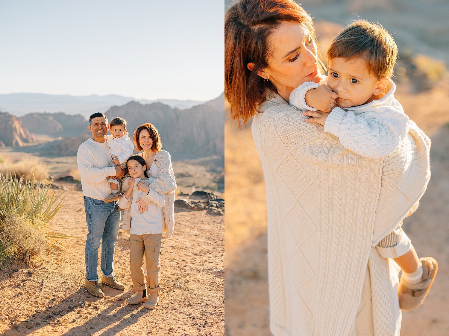 Family of four poses in desert landscape at golden hour, mother holds baby while father and child smile warmly.