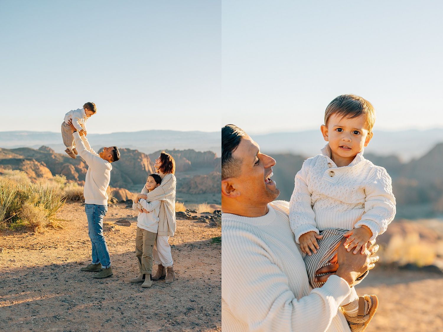 Father lifting toddler in the air outdoors, desert mountains backdrop, family portrait in warm light.