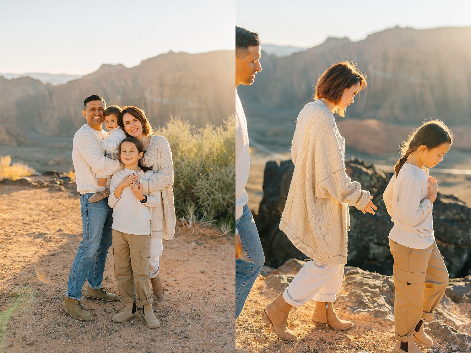 Family of four posing together at golden hour in a desert canyon landscape with warm sunlight.