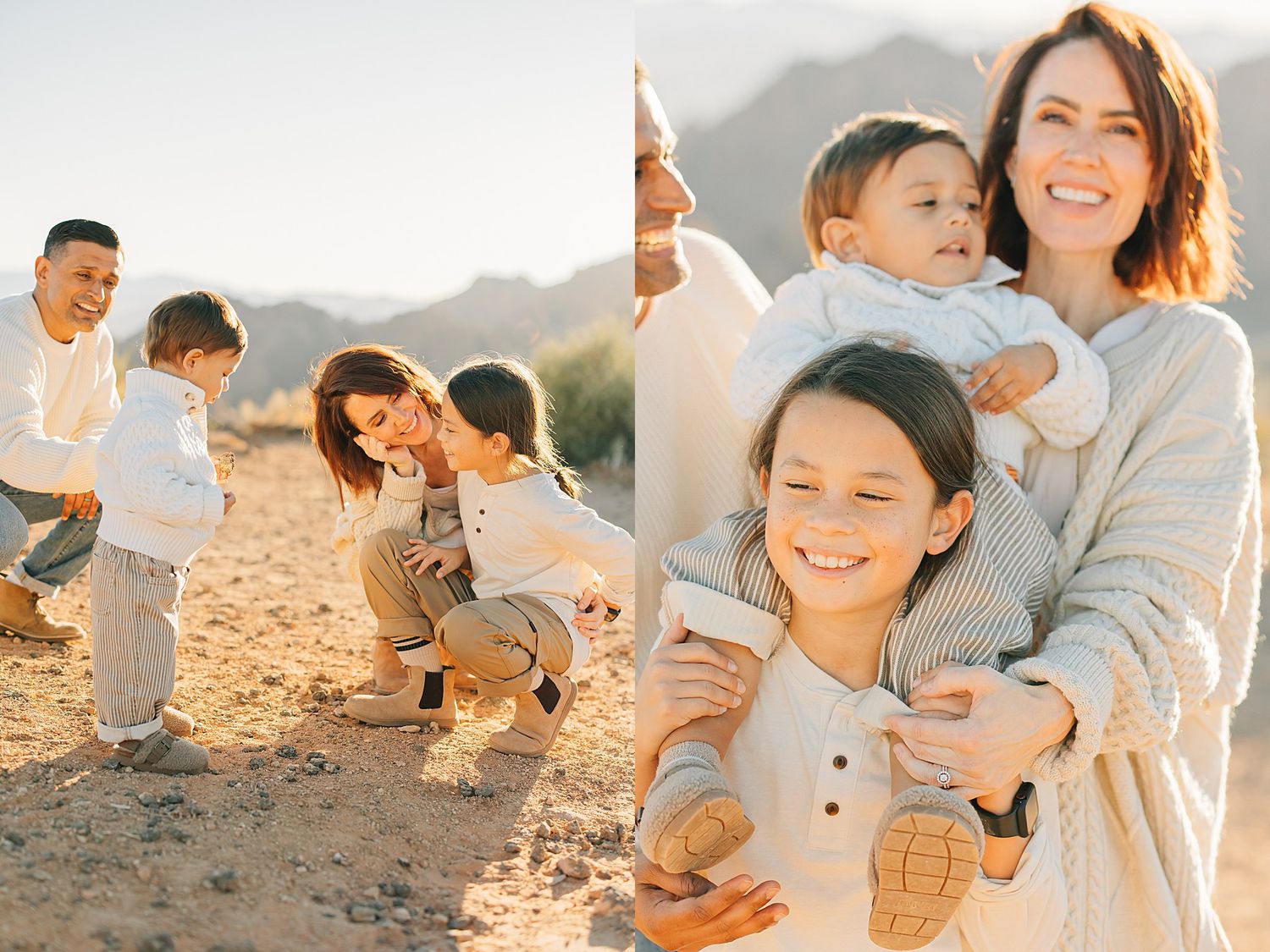 Family smiling outdoors in desert setting, mother holding baby while daughter hugs her, warm golden light.