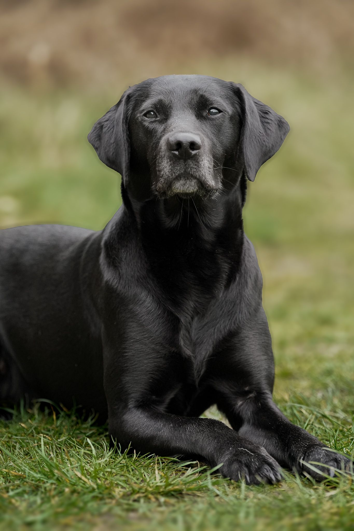 A black Labrador retriever lies attentively on green grass with a blurred natural background behind it.