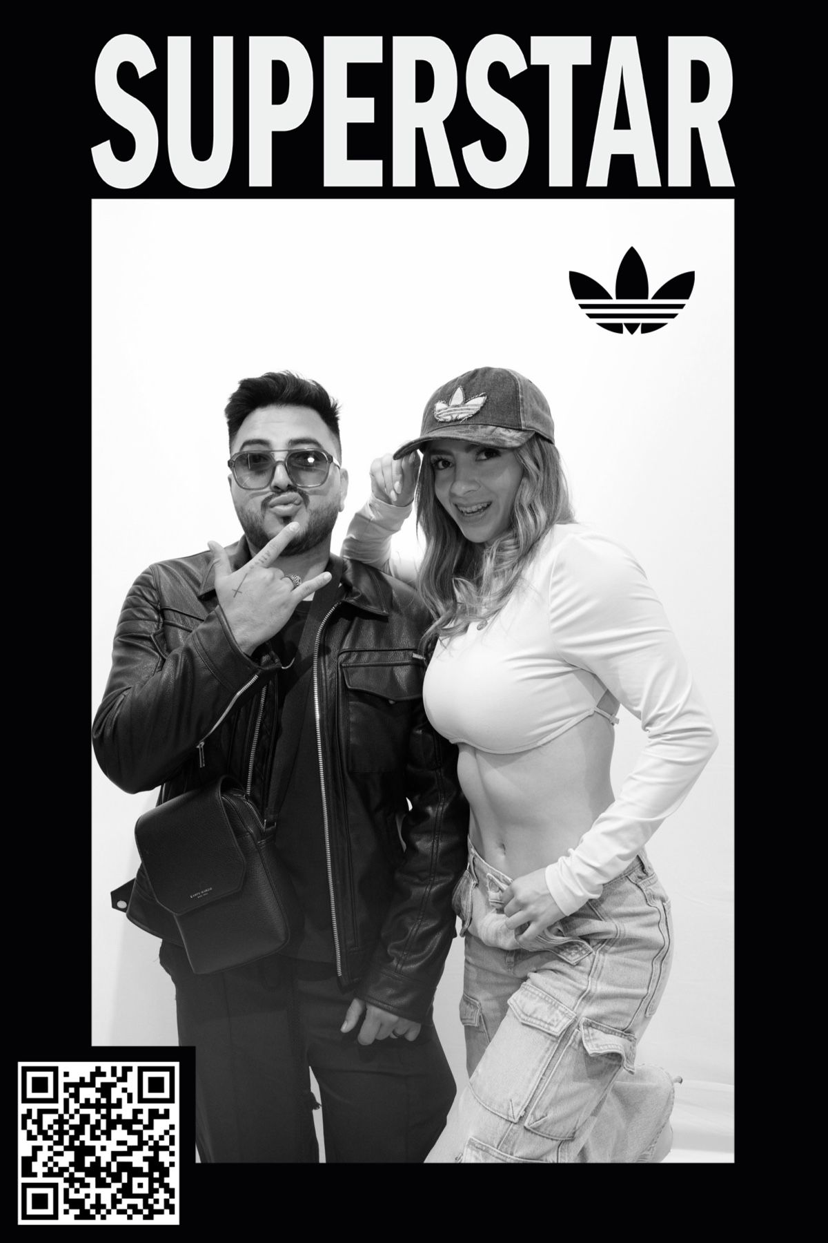 Black and white promotional photo for Adidas Superstar showing two people posing in casual streetwear with the brand logo.