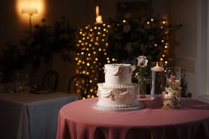 A white two-tier wedding cake sits on a burgundy tablecloth with a Christmas tree glowing in the background.
