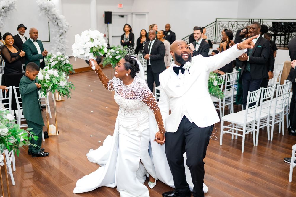 A wedding reception collage showing dance floor moments, ceremony details, and elegant venue decor with white chairs.
