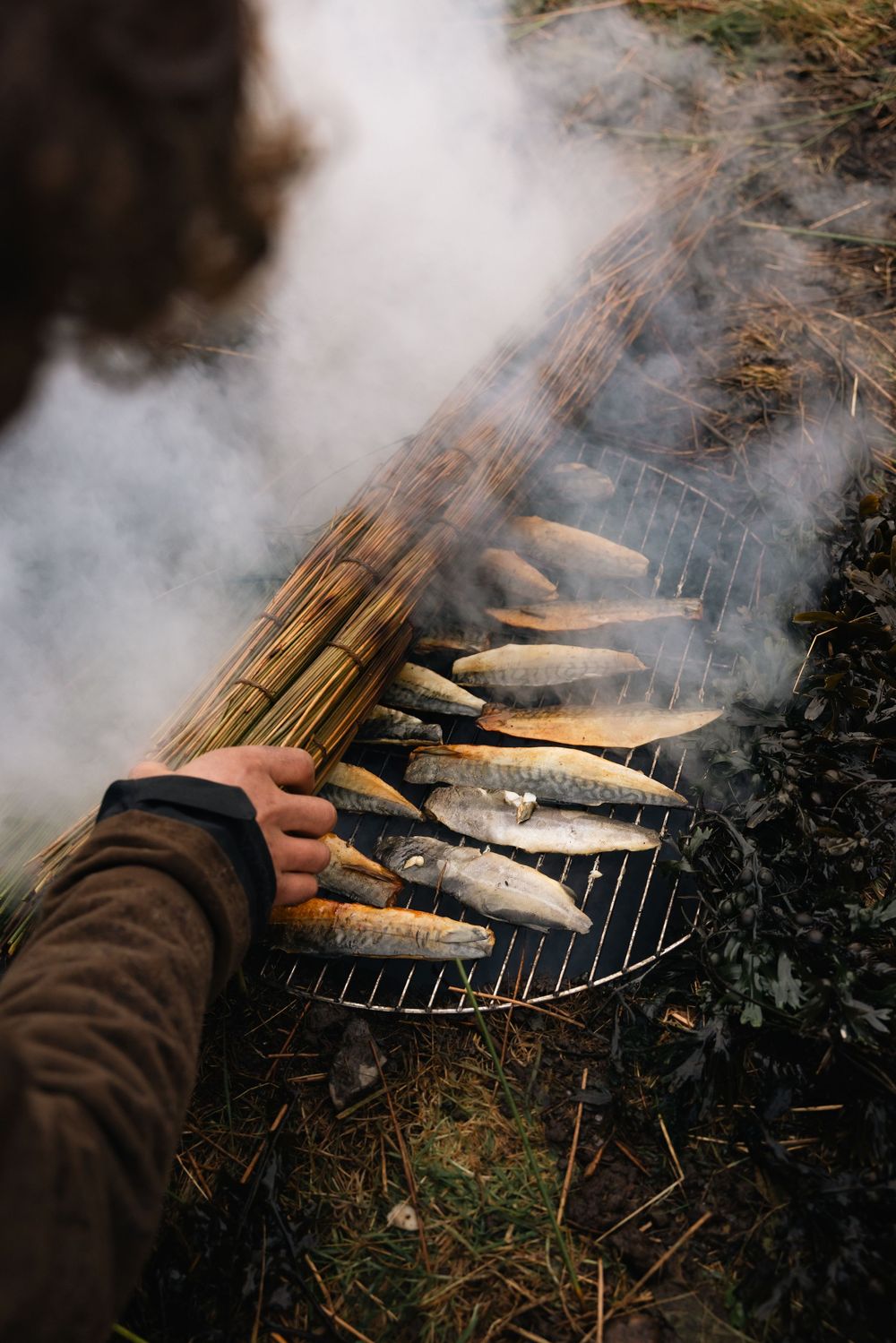A hand places fresh fish on a smoky outdoor grill for cooking over burning wood.