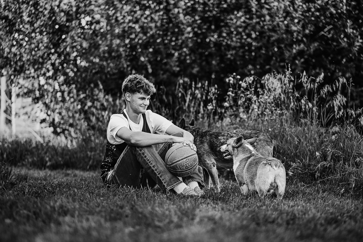 A series of black and white photographs showing a person and dog playing together in a grassy outdoor setting.