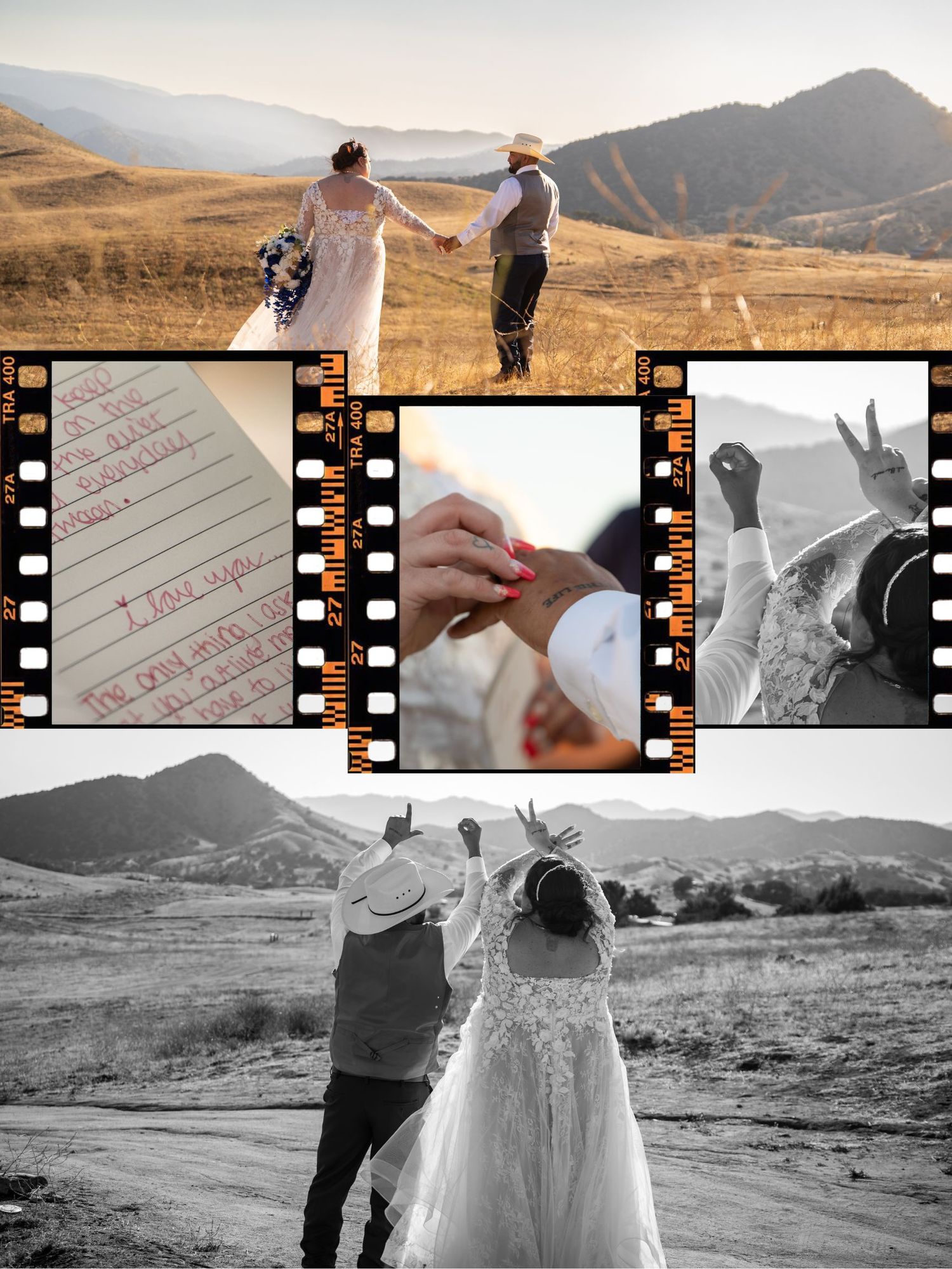 Romantic wedding collage featuring couple holding hands in mountain meadow, vows, ring exchange, and black-white celebration photos.