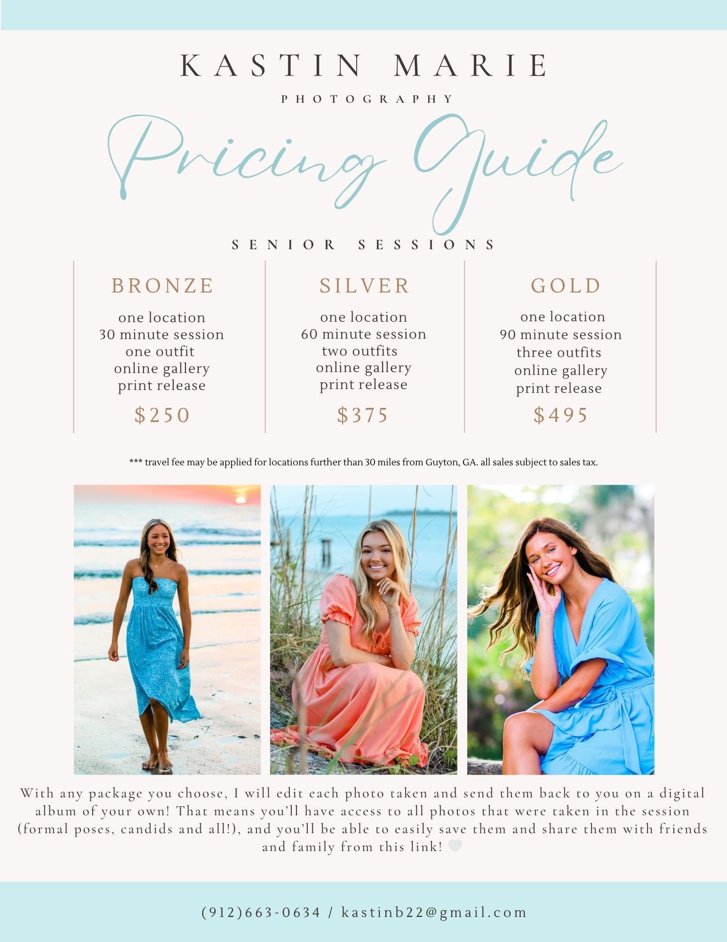 Photography pricing guide showing three tiers - bronze, silver, and gold packages with beach session photos in turquoise and coral tones.