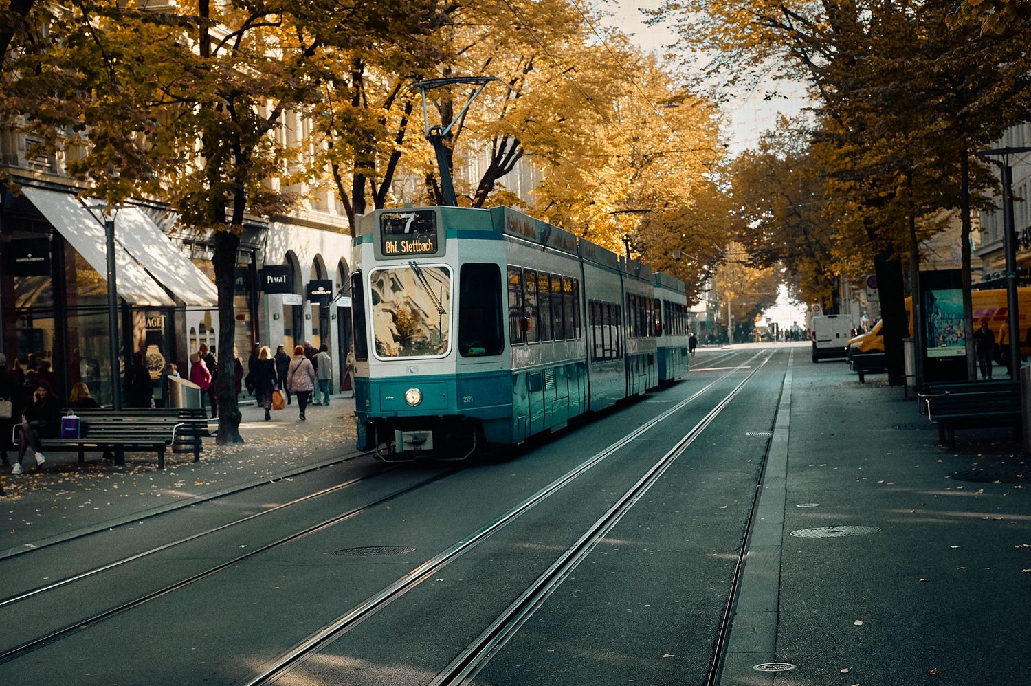 Green tram travels down tree-lined city street with autumn foliage during golden hour.