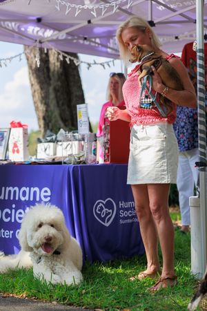 Woman in pink top holding small dog at Humane Society booth with white poodle sitting nearby.