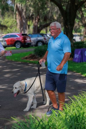 Person in blue polo shirt walking a white dog on leash along shaded path.