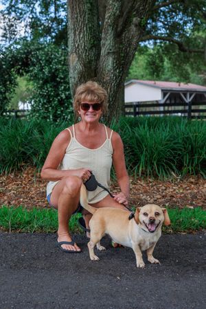 Tan mixed breed dog being petted while sitting on path.
