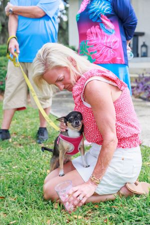 Person in red polka dot dress bends down to interact with small dog on grassy lawn during outdoor event.